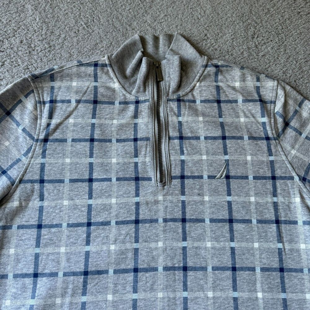NEW Nautica Sweater Mens Large Gray Blue Plaid 1/4 Zip Pullover Sweatshirt Lined
